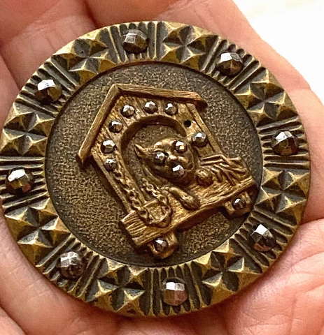 Antique Brass Picture Button Bulldog in Dog house Cut Steel Accents 1870s Cover
