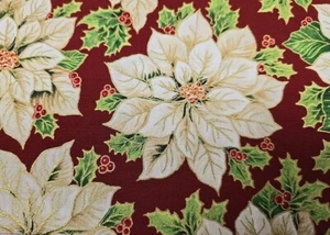 2.4 Metres Poinsetta White Holly 100% Cotton Premium Craft Fabric Metallic - Picture 1 of 2