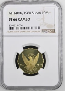 1980 Sudan AH1400 PROOF 10M Milliemes Brass Scalloped NGC PF 66 Cameo - Picture 1 of 6