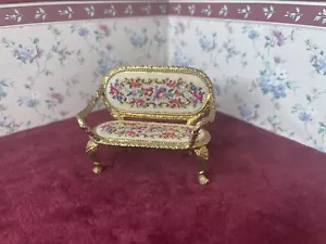 Small Scale Gold Petit Needlepoint Louis the 14th Miniature Settee - Picture 1 of 9