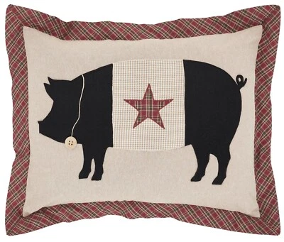 14"x18" Farmhouse Pig Pillow Red Black Khaki w/ Button & Rope Accents Cider Mill - Image 1 of 4