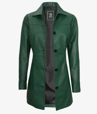 Gabardina de invierno de cuero verde piel de oveja real calce ceñido nuevo diseño para mujer Foto 1 de 4