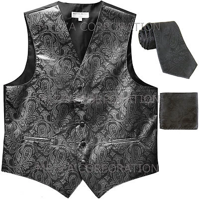 New Men's paisley Tuxedo Vest Waistcoat_Necktie & Hankie Charcoal wedding formal - Image 1 of 4