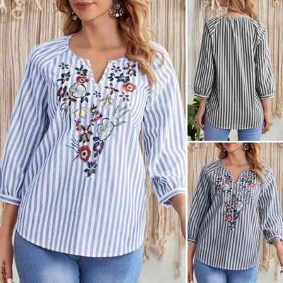 Mujer Cuello en V Bordado Floral Manga 3/4 Informal Blusa Camisa a Rayas Prendas para el torso Plus Foto 1 de 4