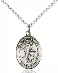 Sterling Silver Guardian Angel Oval Medal Pendant Necklace 18" Chain w/ Gift Box - Picture 1 of 3
