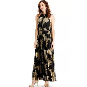 MSK Metallic-Print Pleated Blouson Gown 10 Black Gold Floral Print Maxi Dress - Picture 1 of 12
