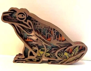 Frog 3D Wooden Multilayer Shadowbox Tabletop Amphibian Figure Handcrafted - Picture 1 of 4