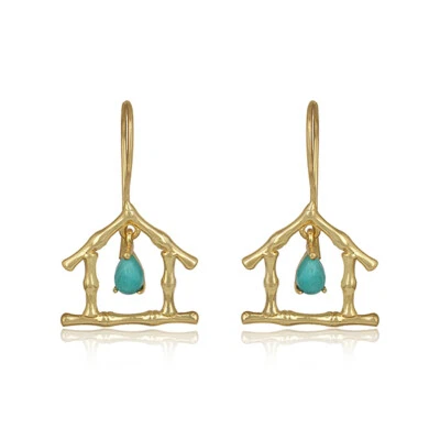 Turquoise Bamboo Hut Design Earrings 925 Silver Gold Plated Adorable Jewelry - Image 1 of 4