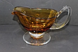 Large Amber Citrine and Clear Glass Footed Gravy Sauce Boat - Picture 1 of 6