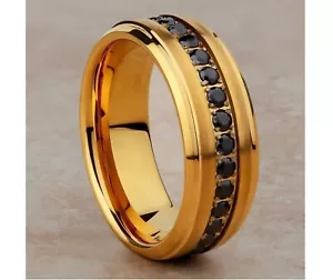 14K Yellow Gold Finish 2.02Ct Round Simulated Black Diamond Mens Wedding Ring - Picture 1 of 9