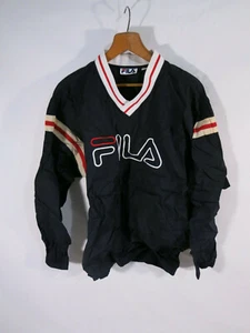 VTG Men's L Fila Nylon Windbreaker Pullover Sweater Big Logo Embroidered Blue - Picture 1 of 6