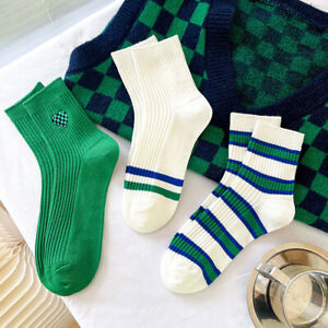 Fashion 3 Pairs Womens Cotton Crew Socks Lot Green Stripe Casual Work Socks 6-9