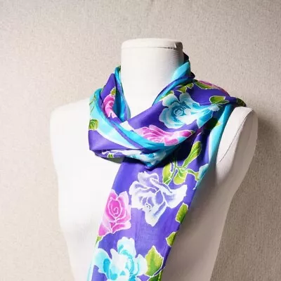 Bufanda larga rectangular vintage Oscar De La Renta azul floral 100 % seda Foto 1 de 4