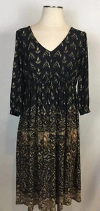 K Studio 12 Jersey Dress Black Tan White Print W Gathered Waist & 3/4 Sleeves - Picture 1 of 7