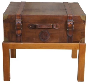 1994 Leather Steamer Trunk Coffee Side Table on Pine Stand Side Accent 25" - Picture 1 of 11