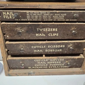 Interesting Vintage Wooden Cosmetic Supplies inventory Drawer Organizer - Picture 1 of 11