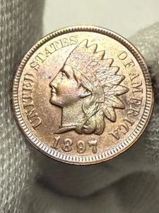 1897 Indian Head Cent Penny, Red, Lustrous BU++ Gem High Grade Nice Color Toned - Picture 1 of 2