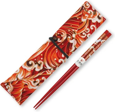 Chopsticks Reusable with Case, Bamboo Chopstick Gift Set Red Ocean Wave Pattern  - Image 1 of 4