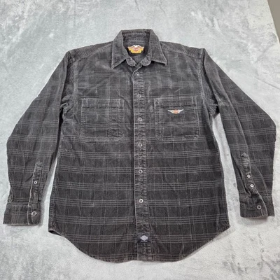 Vintage Harley Davidson Shirt Mens Medium Gray Corduroy Plaid Button Up Shacket - Image 1 of 4