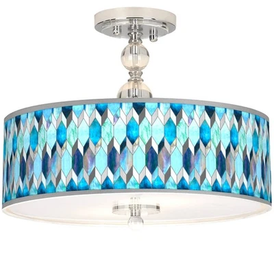 Blue Tiffany-Style Giclee 16" Wide Semi-Flush Ceiling Light - Image 1 of 4