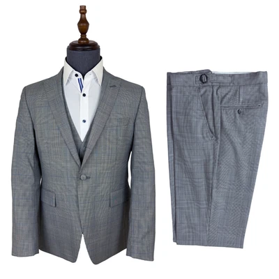 Grey 3 Three Piece Suit Prince of Wales Check Glen Plaid 100% Wool Wedding Mens - Image 1 of 4