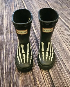 Hunter Skeleton Bones Toddler 6 Boys / 7 Girls Black Rubber Rain Boots Halloween - Picture 1 of 7