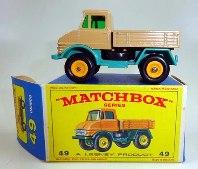 Matchbox RW 49B Unimog 1. Farbe braun & türkis top in "E" Box - Bild 1 von 4