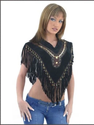 Womens Stylish Leather Poncho Leather Top Ladies Motorcycle Sequins Beads Fringe - Imagem 1 de 4