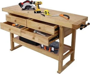 60'' Wood Workbench, 330Lbs Capacity Work Bench w/ 4 Drawers 1 Storage Shelves - Picture 1 of 7