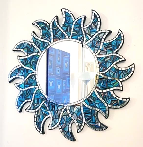 Blue speckled sun shaped wall mirror 40cm-hand made in Bali-NEW - Picture 1 of 7
