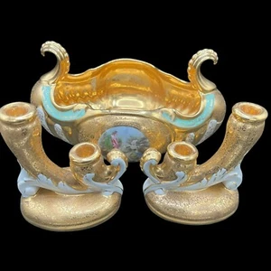 Set Le Meuix Porcelain Gilded Gondola Bowl & 2 Candelabras Hand Painted 24K Gold - Picture 1 of 16