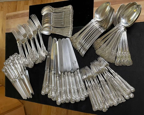W Bateman ENGLISH Silver FLATWARE SET KING'S PATTERN Union Shell Heel 353 oz Cover