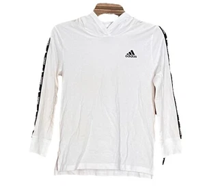 NEW Adidas Boys Hooded Shirt Small Long Sleeved Youth Tee Hood White Top Kids S - Picture 1 of 8