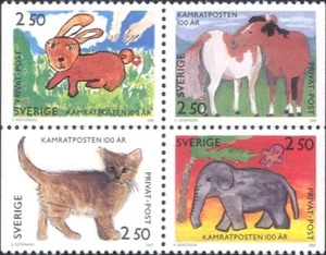 Sweden 1992 Kamratposten/Cat/Rabbit/Horses/Art/Painting/Rebate 4v blk (n24944k) - Picture 1 of 1