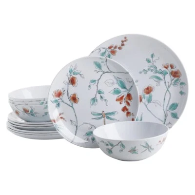 Martha Stewart 12 Piece Melamine Dinnerware Set - Floral Dragonfly - Blue/Orange - Image 1 of 4