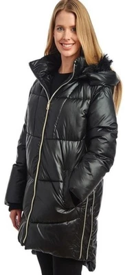 Abrigo acolchado con capucha forrado de piel sintética negro M Kensie para mujer ¡NUEVO CON ETIQUETAS! Foto 1 de 4