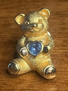 AVON  Gold Tone Teddybear Blue Heart Rhinestone Pin Brooch - Picture 1 of 2