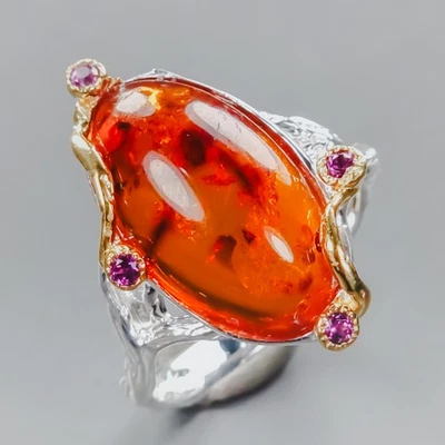 Anillo ámbar natural de 7 quilates con piedras preciosas de plata de ley 925 talla 8/R437371 Foto 1 de 4