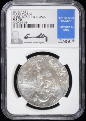 2016-P Silver Commemorative $1 NGC MS 70 Mark Twain Commem Moy Signed Long Beach - Image 1 of 4