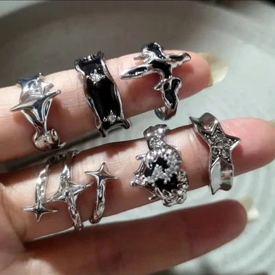 Juego de 6 Anillos Punk Cromo Oscuro - Y2K Estrella y Corazón Joyería Gótica Regalo Foto 1 de 4