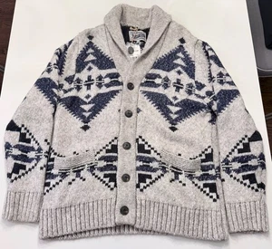 Schott Bros Yak Wool Cotton Aztec Heavy Cardigan Men XL Shawl Pockets Cabin Core - Picture 1 of 5
