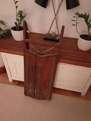 Trineo pintado de madera antiguo primitivo 35" x 12" x 4" rojo/azul Foto 1 de 4