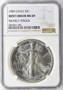 MINT ERROR 1989 SILVER EAGLE WEAKLY STRUCK NGC MS69 - Picture 1 of 2