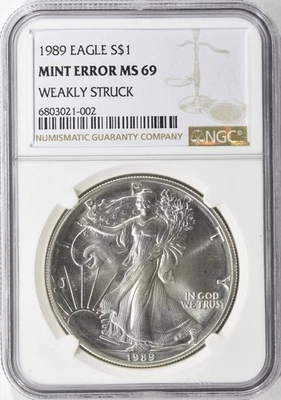 MINT ERROR 1989 SILVER EAGLE WEAKLY STRUCK NGC MS69 - Image 1 of 2