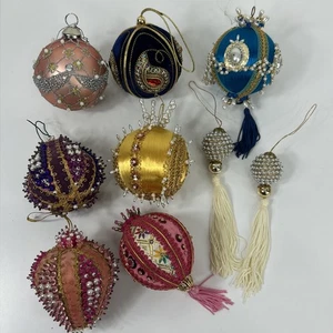 Beaded Sequin Christmas Ornament Lot Push Pin Tassel Jeweled Satin Handmade - Picture 1 of 10