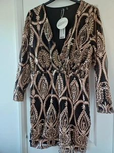 BNWT SZ 18 BLACK & GOLD SEQUIN EMBELLISHED EVENING MINI DRESS NEW PLUS CURVE £50 - Picture 1 of 17