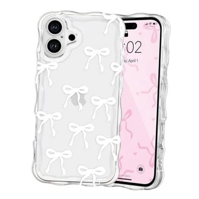  Funda con lazo para lindos lazos de cinta marco rizado ondulado transparente iPhone 16 Plus blanca Foto 1 de 4