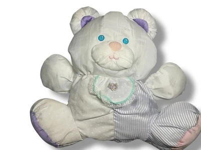 Oso de colección Fisher Price Puffalump púrpura rosa rayas blanco sonajero juguete 1991 Foto 1 de 4