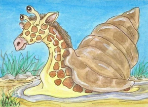 aceo Orig Giraffe snail Garden mollusk Loberg Mini Art fantasy Zoo animal Spots - Picture 1 of 3