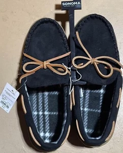 Sonoma Moccasin Slippers ~ Mens Size M (8-9) Plaid fleece lining Black NEW - Picture 1 of 1